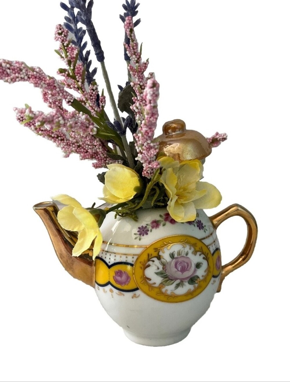Imperial Porcelain Mini Tea Pot Gold trim White w/Yellow Pink roses